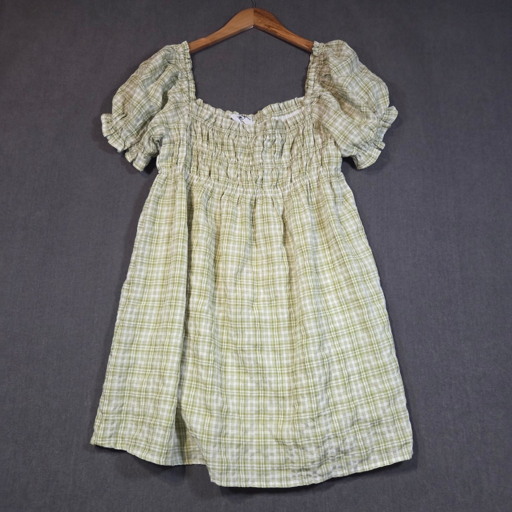 Princess Polly Mini Dress Womens 8 Green Plaid Smocked Puff Sleeve Square Neck